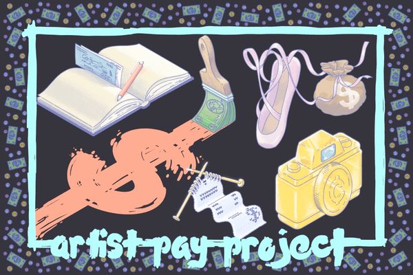 An illustration of items including a brush made up of dollars, ballet slipper, camera on a black background.