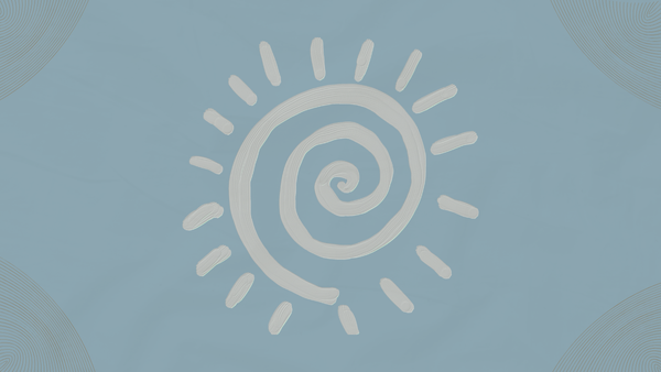 A spiraly sun over a gray/blue backgroun