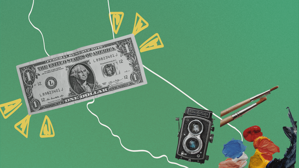 Image of dollar bill, camera, paint and paintbrushes over an outline of California.