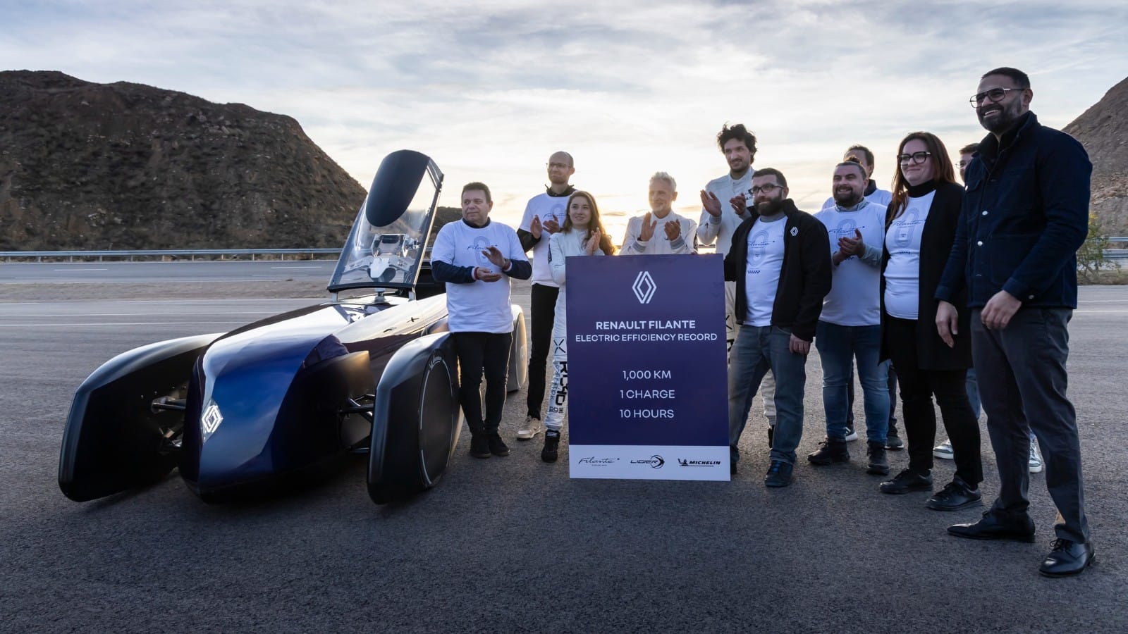 Renault Filante Record 2025 demonstrator on the UTAC test track in Morocco.