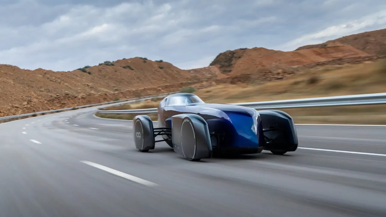 Renault Filante Record 2025 demonstrator on the UTAC test track in Morocco.