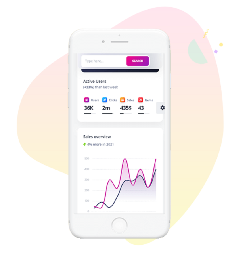 Soft UI Design with colorful charts and a search box inside a white phone frame.