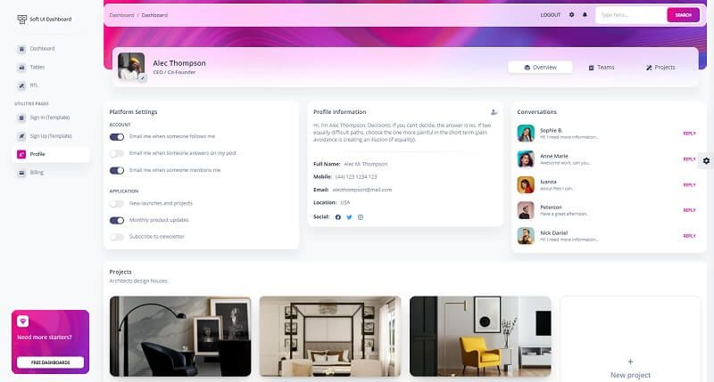 A colorful profile page with a left menu, a small user avatar on the top of the page and blog-like cards - all provided by Soft Ui Dashboard design.