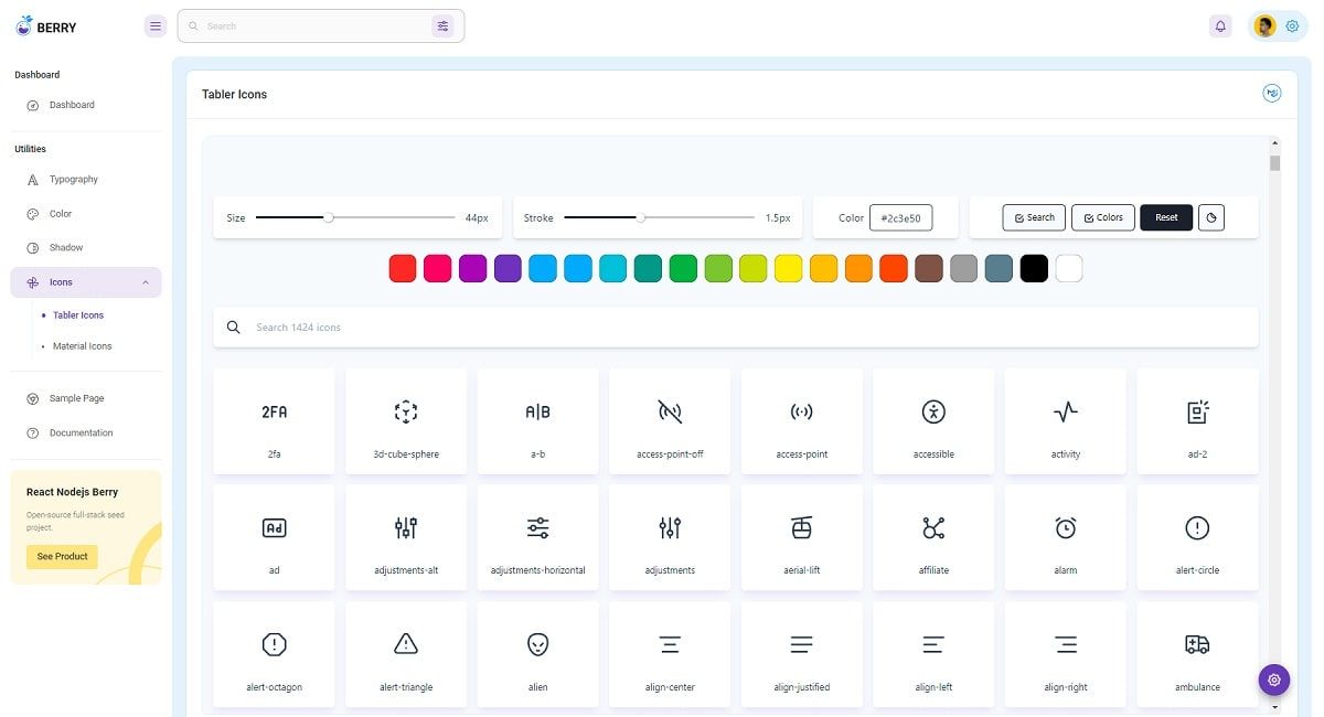 React NodeJS Berry (Open-Source) - Icons Page