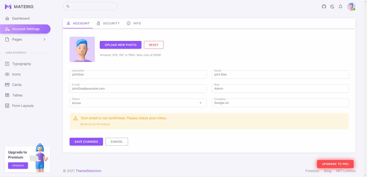Materio Vuetify Admin - User Profile (Open-Source Template)