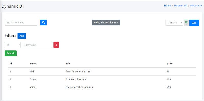 Dynamic Tables - Enhanced with Search, Filters, Export and server side pagination