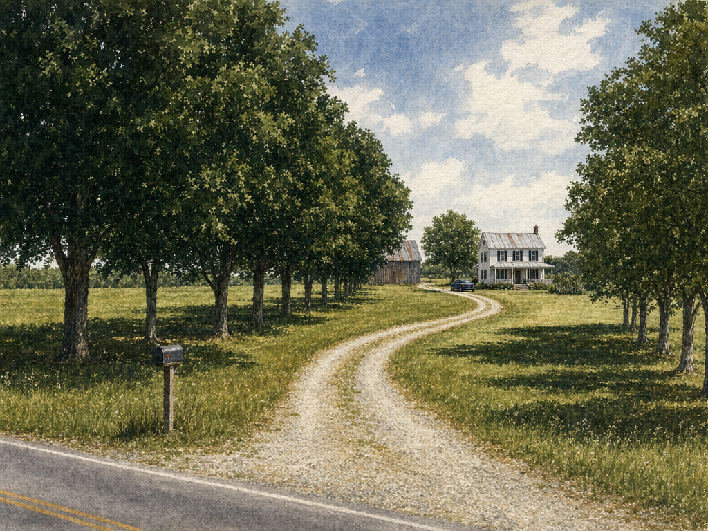 Watercolor painting of a white farmhouse in summer morning light, green lawn and shade trees