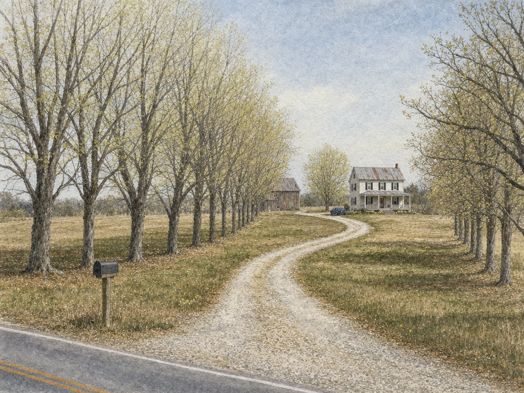 Watercolor painting of a farmhouse at golden hour, long shadows across the gravel driveway