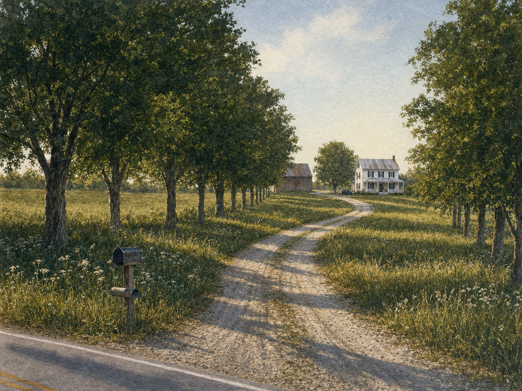 Watercolor painting of a farmhouse at dawn in summer, first light touching the metal roof