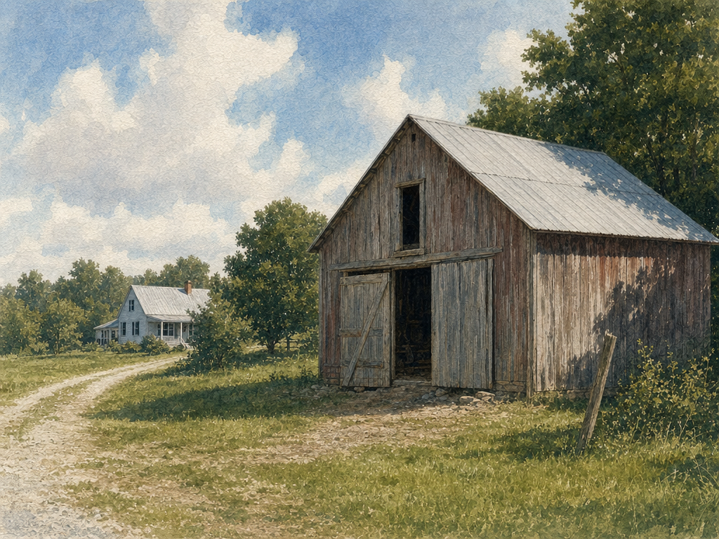 Watercolor painting of a back porch with garden tools and a cat sleeping in afternoon shade