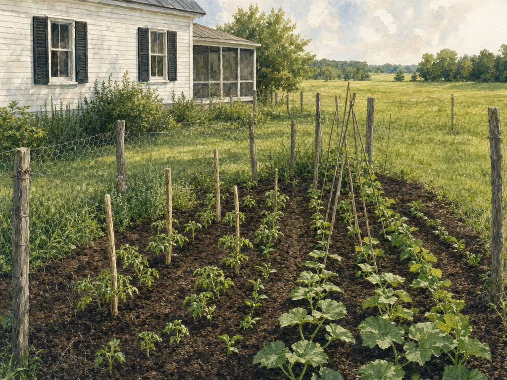 Watercolor painting of a vegetable garden with tomato stakes and bean poles in morning light
