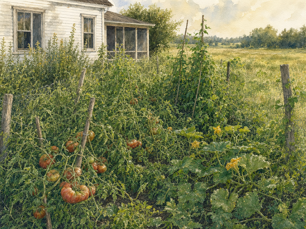 Watercolor painting of a garden path between raised beds with summer vegetables growing