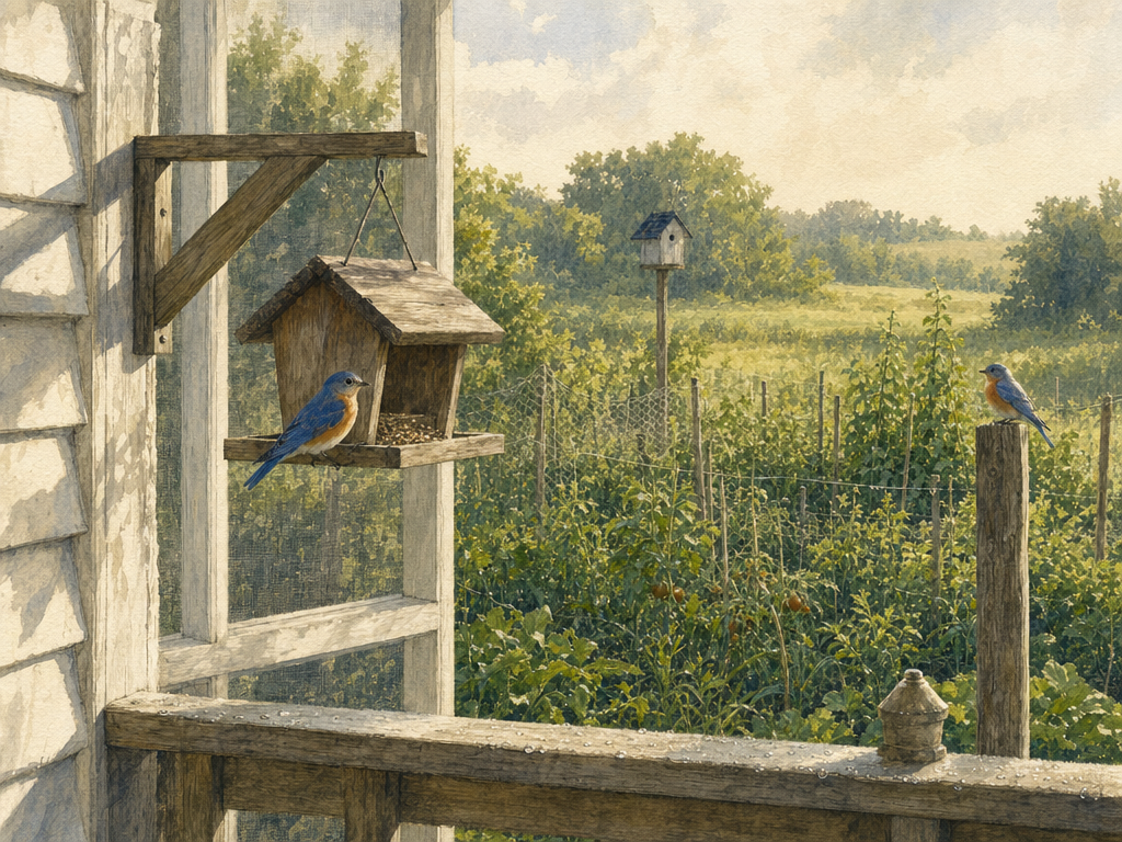 Watercolor painting of a bird feeder in a yard with cardinals and morning light through trees