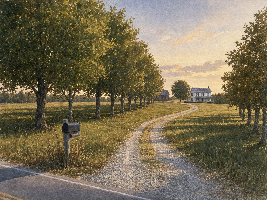 Watercolor painting of a rural mailbox at the end of a gravel driveway, late afternoon