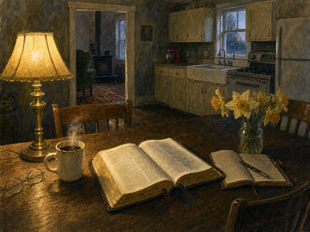 Watercolor painting of an open Bible and coffee mug on a kitchen table in morning light