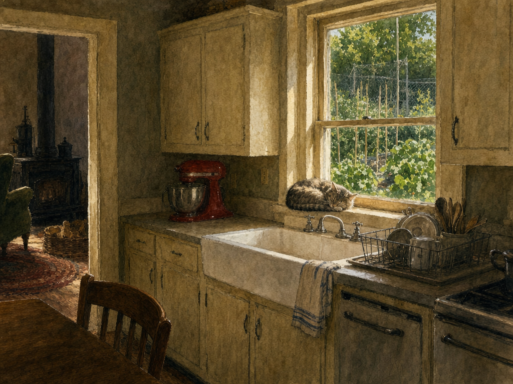 Watercolor painting of a quiet kitchen in early dawn light, Bible open on the table