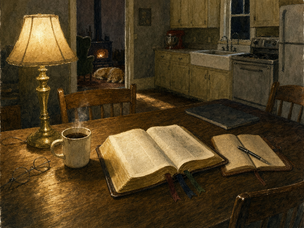 Watercolor painting of morning light streaming through kitchen windows onto an open Bible