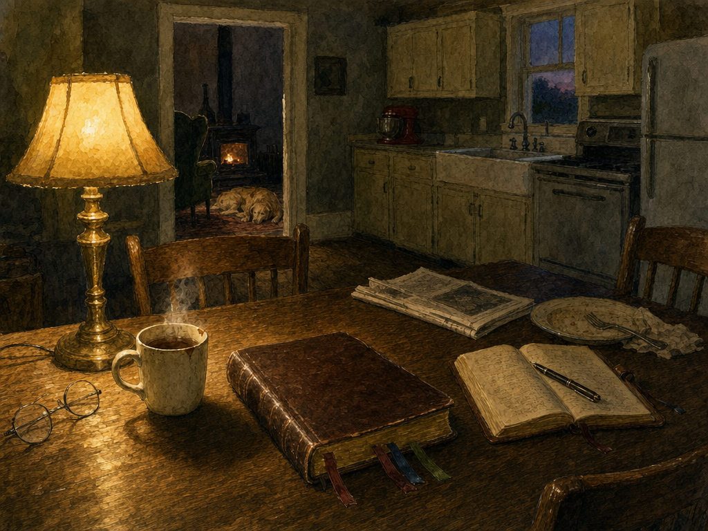 Watercolor painting of a kitchen table in evening lamplight, pen and paper beside a closed Bible