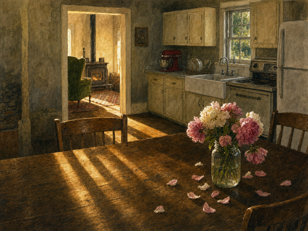 Watercolor painting of a kitchen table with reading glasses and a well-worn Bible in warm light