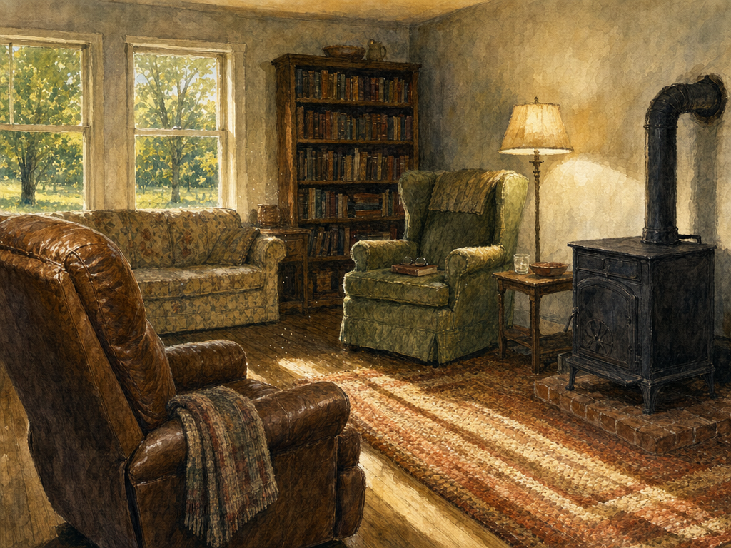 Watercolor painting of a wing chair with a book face-down on the arm, reading lamp on