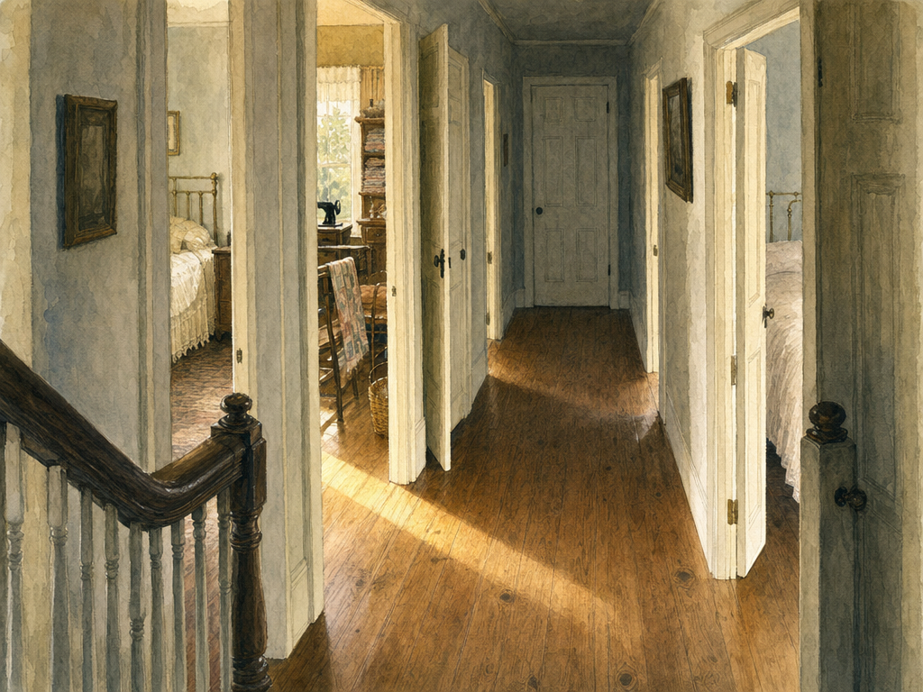 Watercolor painting of a living room with two empty chairs facing each other, evening light