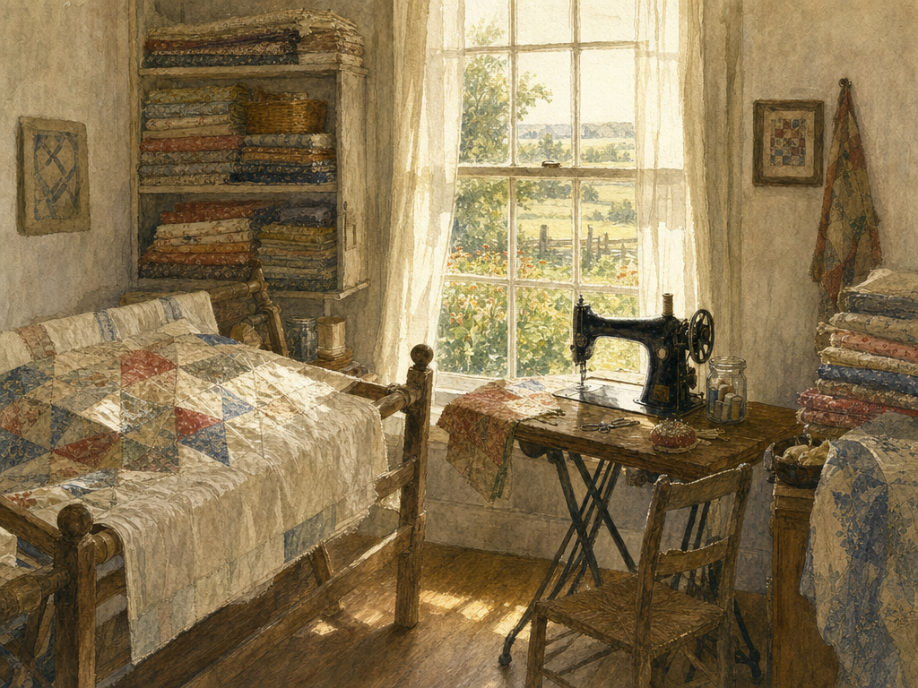 Watercolor painting of a bookshelf in a farmhouse hallway, well-read spines in soft light
