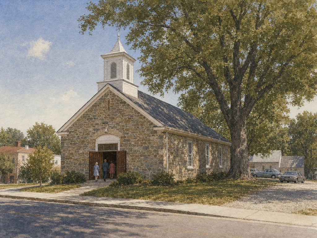 Watercolor painting of a small white country church in summer morning light