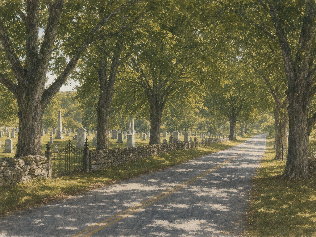 Watercolor painting of a church fellowship hall with folding chairs and covered dishes