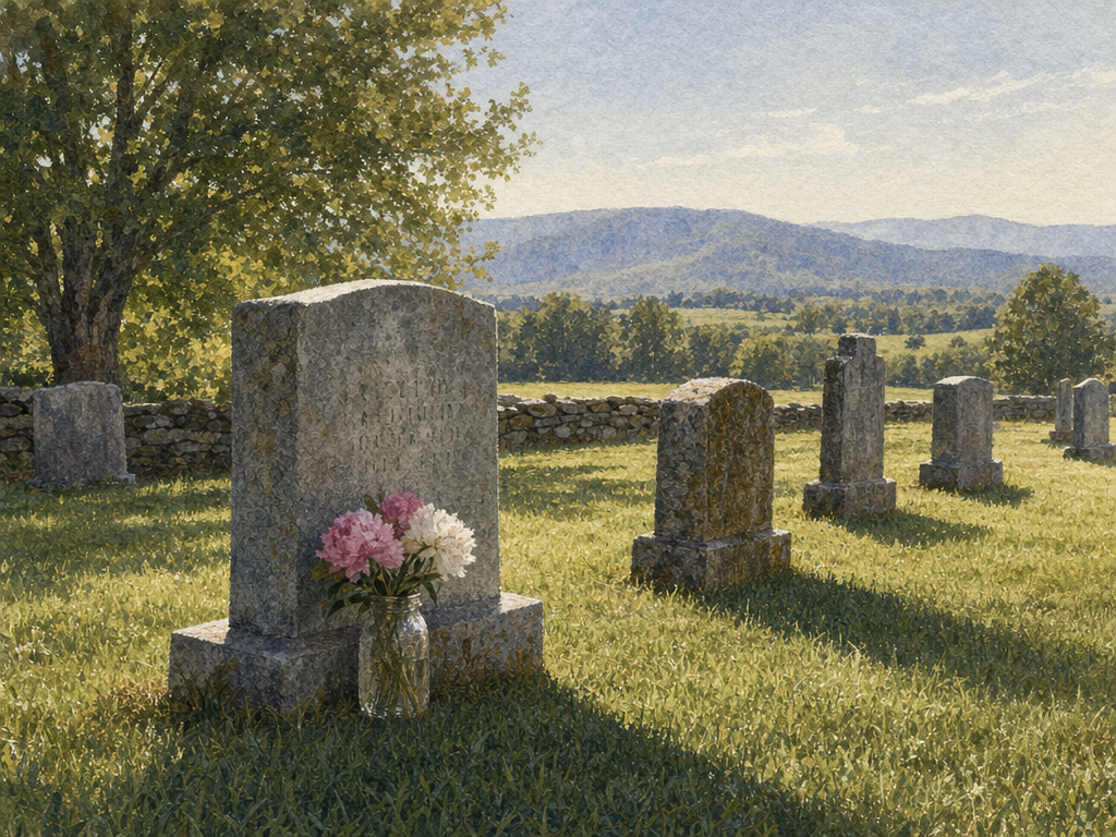Watercolor painting of a cemetery with headstones and peonies in morning light