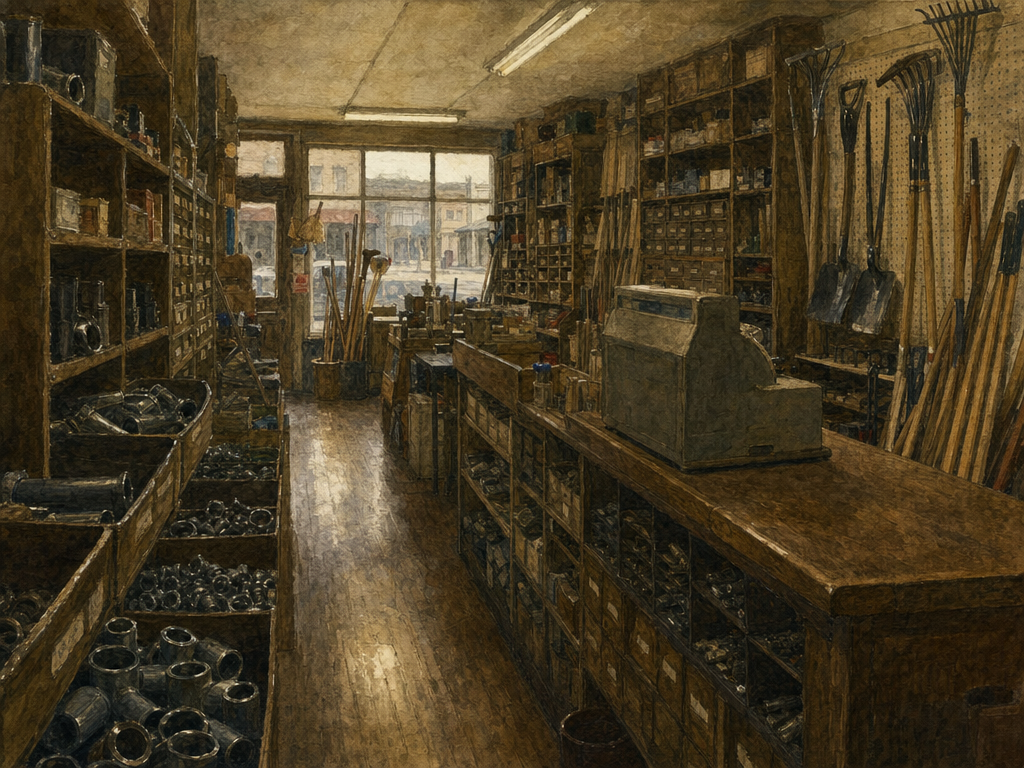 Watercolor painting of an antique shop interior with stacked furniture and afternoon light