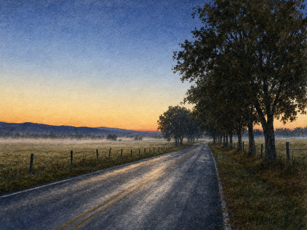 Watercolor painting of a county road at dawn through the Shenandoah Valley