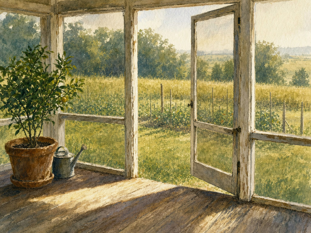 Watercolor painting of a screen door open to a sunlit garden from a farmhouse porch, morning light on worn floorboards