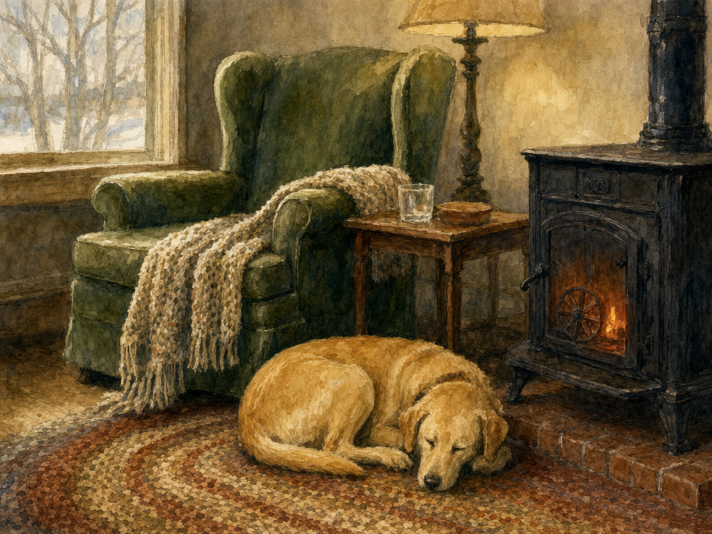 Watercolor painting of a green wing chair beside a wood stove with a sleeping dog on a braided rug