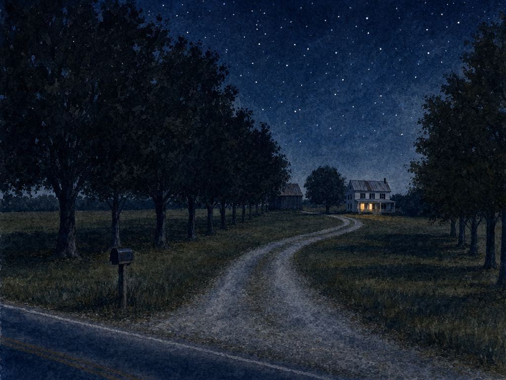 Watercolor painting of a farmhouse at night with warm lit windows under a starry sky, seen from the road