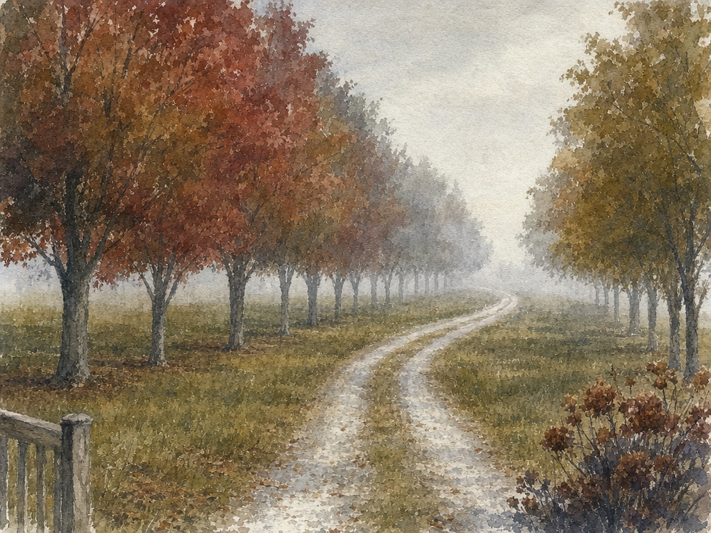 Watercolor painting of a gravel driveway stretching through autumn trees into morning fog