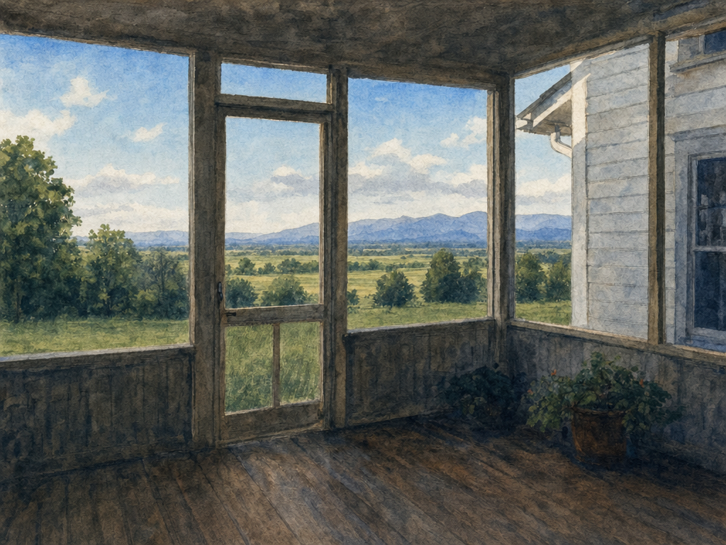 Watercolor painting of a farmhouse porch looking out at the Blue Ridge Mountains on a bright afternoon