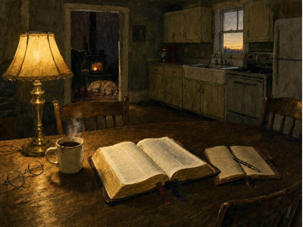 Watercolor painting of a farmhouse kitchen at dawn with a brass lamp lit beside an open Bible on the table