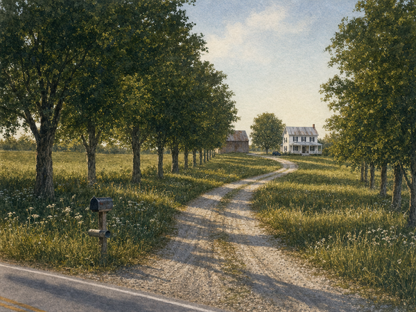 Watercolor painting of a farmhouse at dawn in summer, first light touching the metal roof