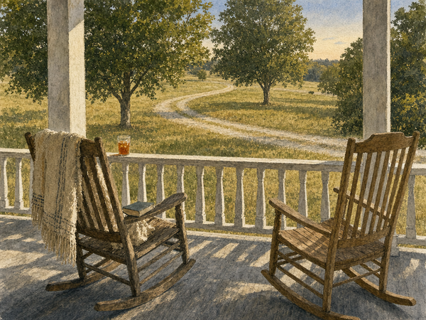 Watercolor painting of a farmhouse front porch with rocking chairs and morning light through columns