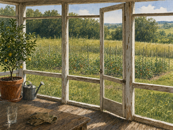 Watercolor painting of a back porch overlooking a vegetable garden in summer morning light