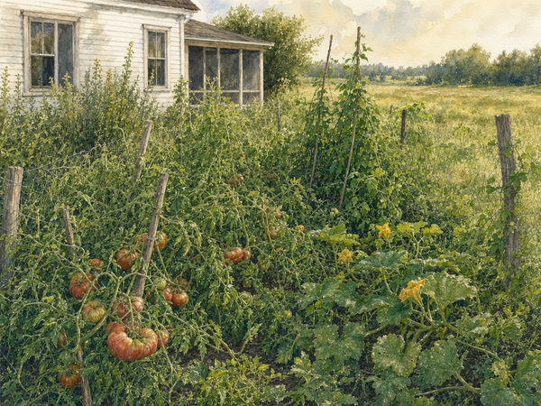 Watercolor painting of a garden path between raised beds with summer vegetables growing