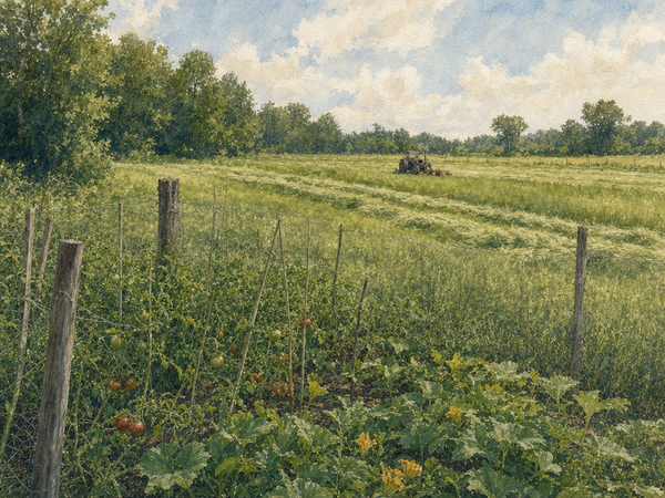 Watercolor painting of a Virginia Valley hayfield being cut, tractor distant in the landscape