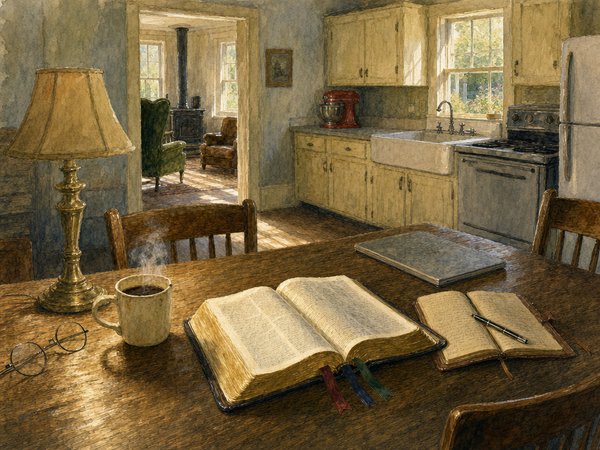 Watercolor painting of a kitchen table with Bible, journal, and coffee in soft morning light