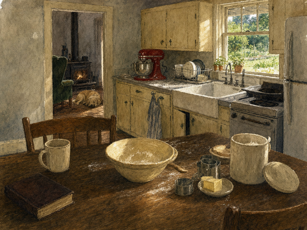 Watercolor painting of a farmhouse kitchen with morning sun through windows over the sink