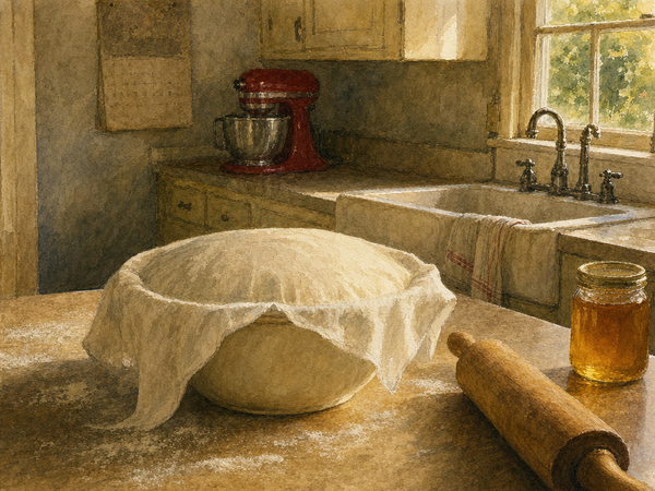Watercolor painting of a kitchen table set for morning prayer, steam rising from a coffee mug