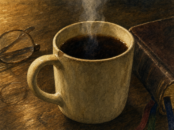 Watercolor painting of a kitchen table with a prayer list tucked in the back of a Bible