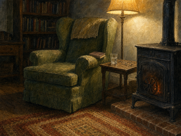 Watercolor painting of a hallway looking toward a closed door at the end, afternoon light
