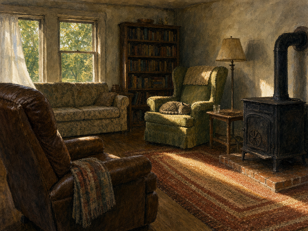 Watercolor painting of a quilting room with fabric and a sewing machine in window light