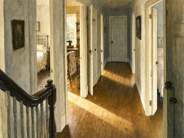 Watercolor painting of a bedroom window at dawn, curtains catching first light