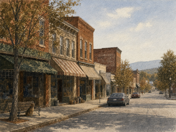Watercolor painting of a small-town feed store with a weathered wooden porch